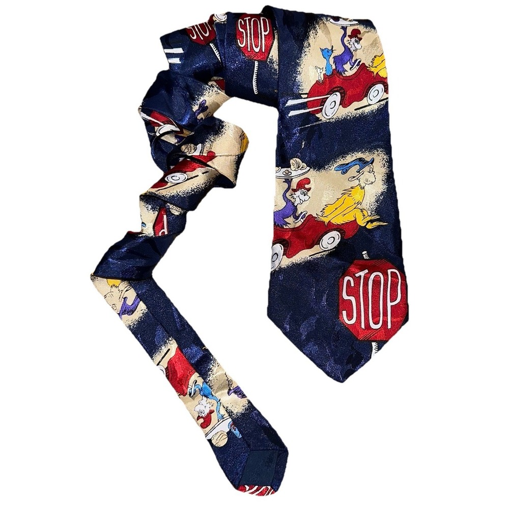 Vintage 90's BAR-ON Pure Silk Navy Neck Tie Dr Seuss Green Eggs‎ & Ham Novelty